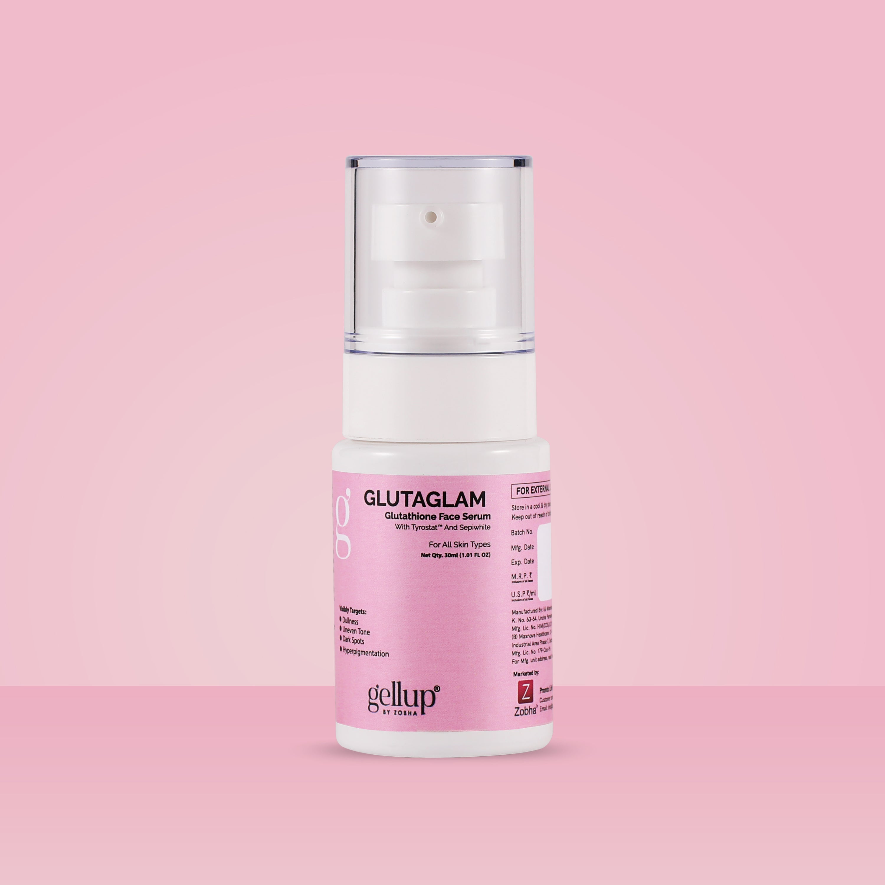 Gellup GlutaGlam Face Serum with Glutathione, Tyrostat and Sepiwhite – Zobha